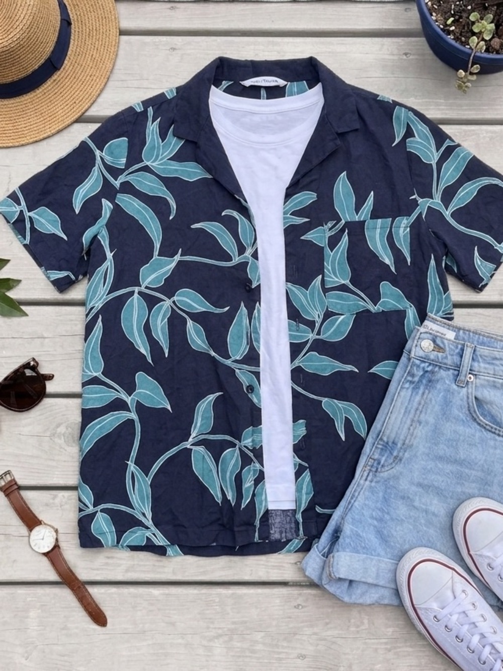 Obey Worldwide Navy Blue Leaf Print Button Down Shirt L Modal Normcore Blockette